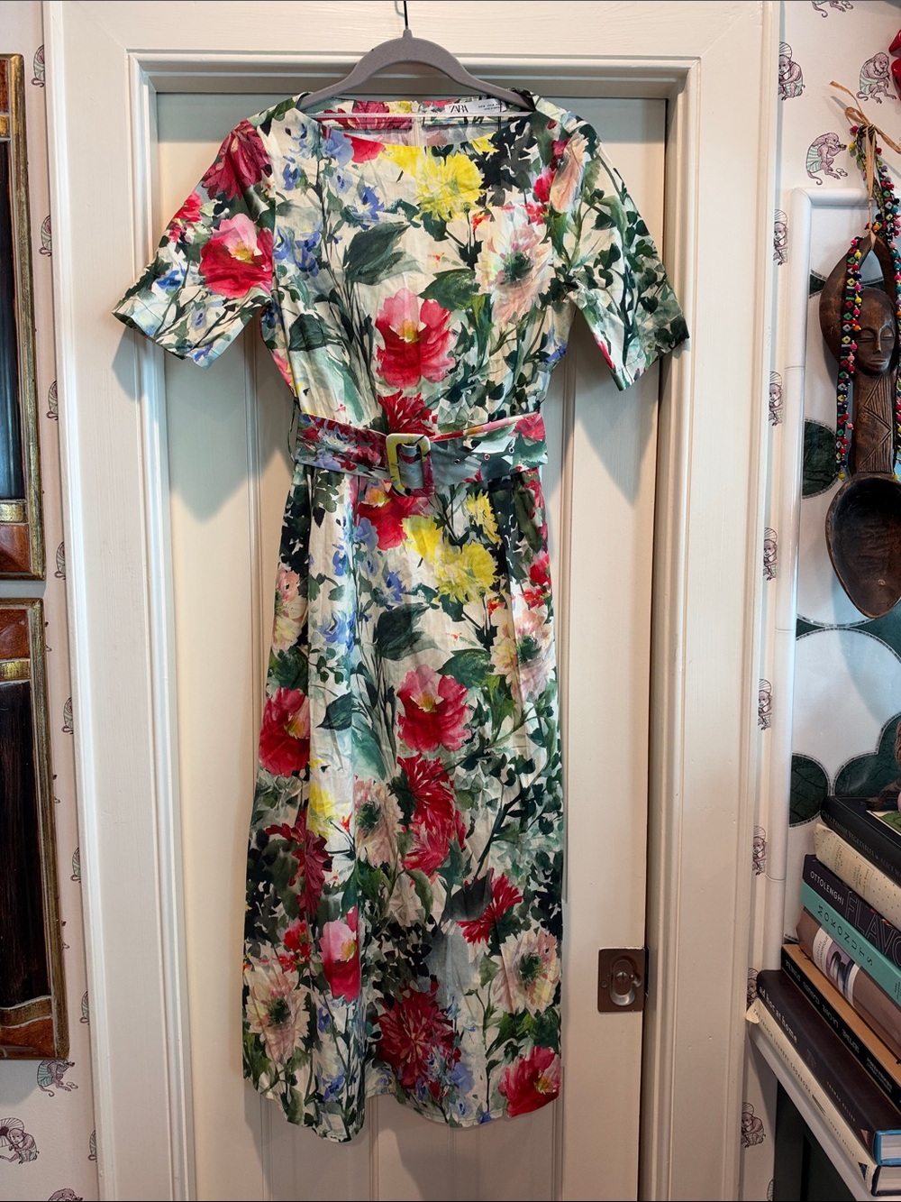 Zara Floral Midi Dress in Red, Yellow, Green and Pink